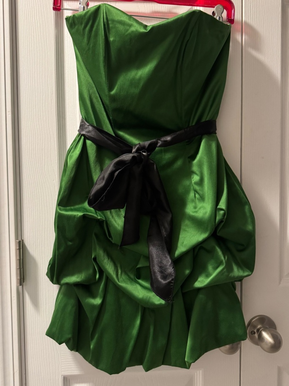 Wishes Wishes Wishes Strapless Green Satin Bubble Dress with Black Sash